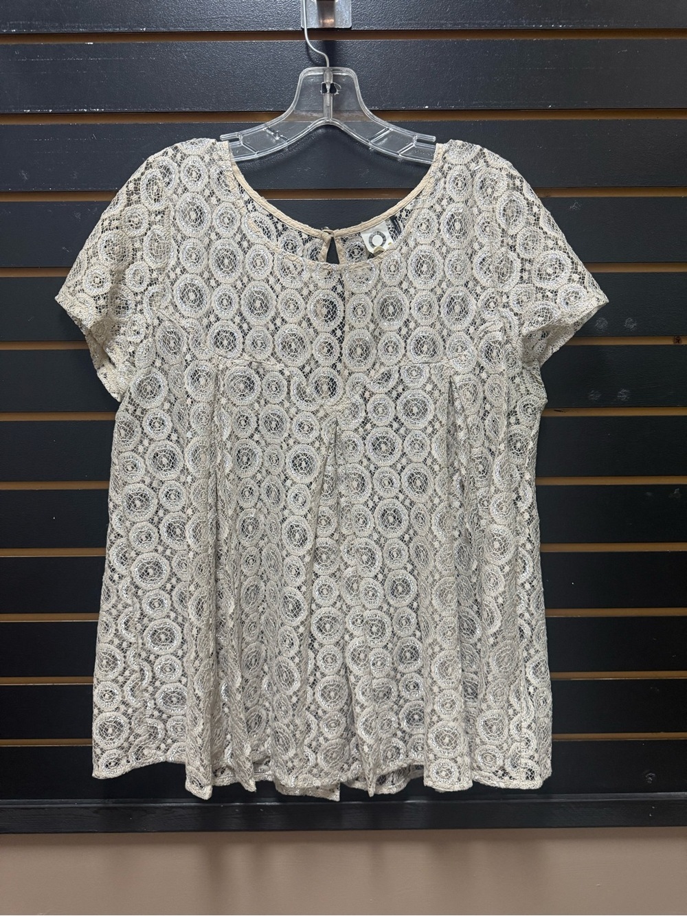 Akemi + Kin Metallic Lace Babydoll Top Size L Beige Silver Crochet